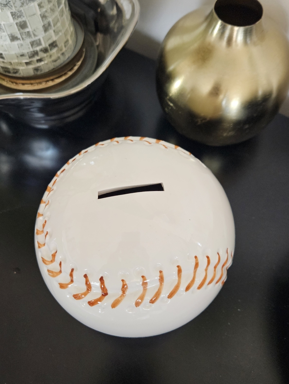 Vintage White Ceramic Baseball Money Bank with Orange Stitching Great Condition - Picture 2 of 4